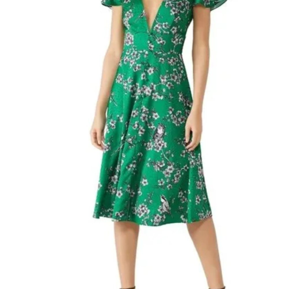 $385 Hutch Sylvia Dress Green Satin Floral Midi Size 2 - Never Worn MINT Cond